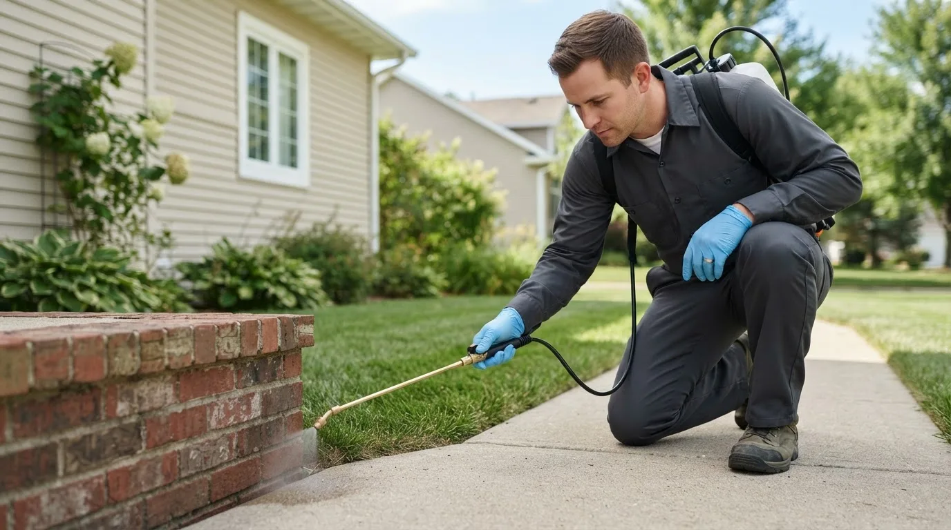 Pest control technician treating a home near Liverpool, NY